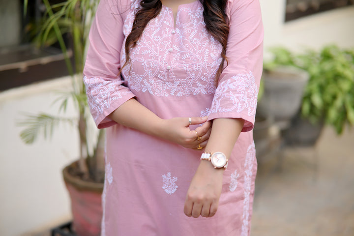 Mauve Cotton Chikankari Kurta-Custom Made