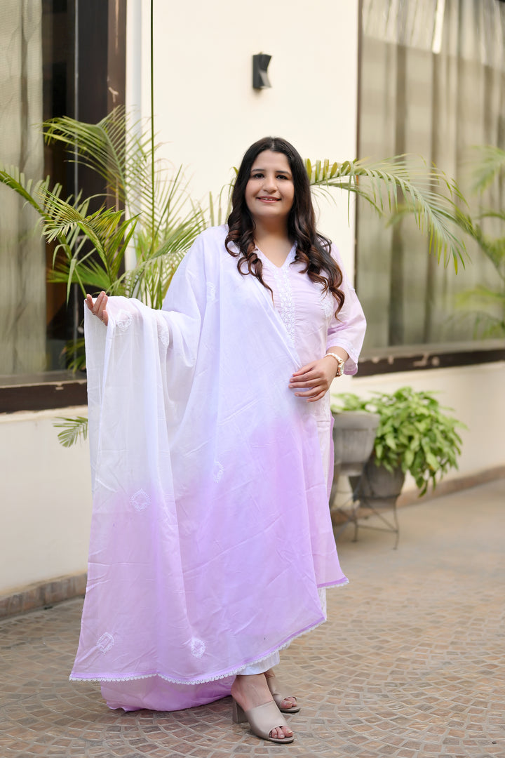 Lavender Ombre Mul Chikankari Dupatta -Custom Made