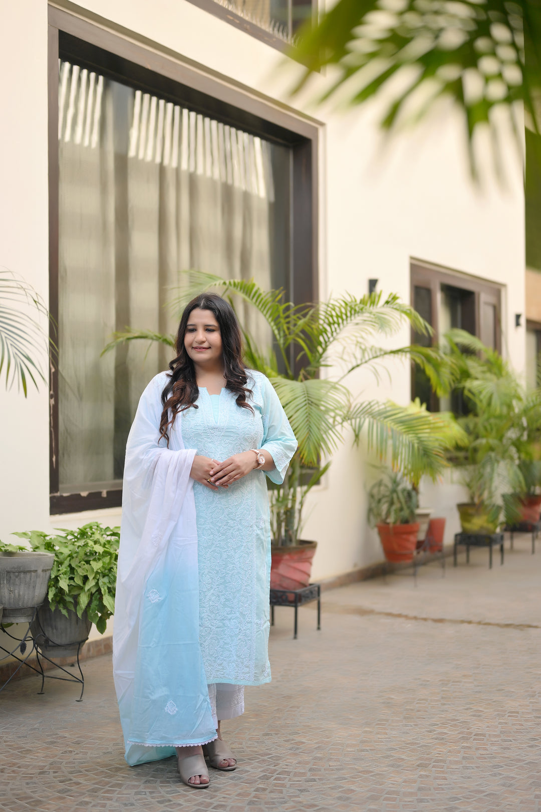 Sky Blue Cotton Chikankari Kurta-Custom Made