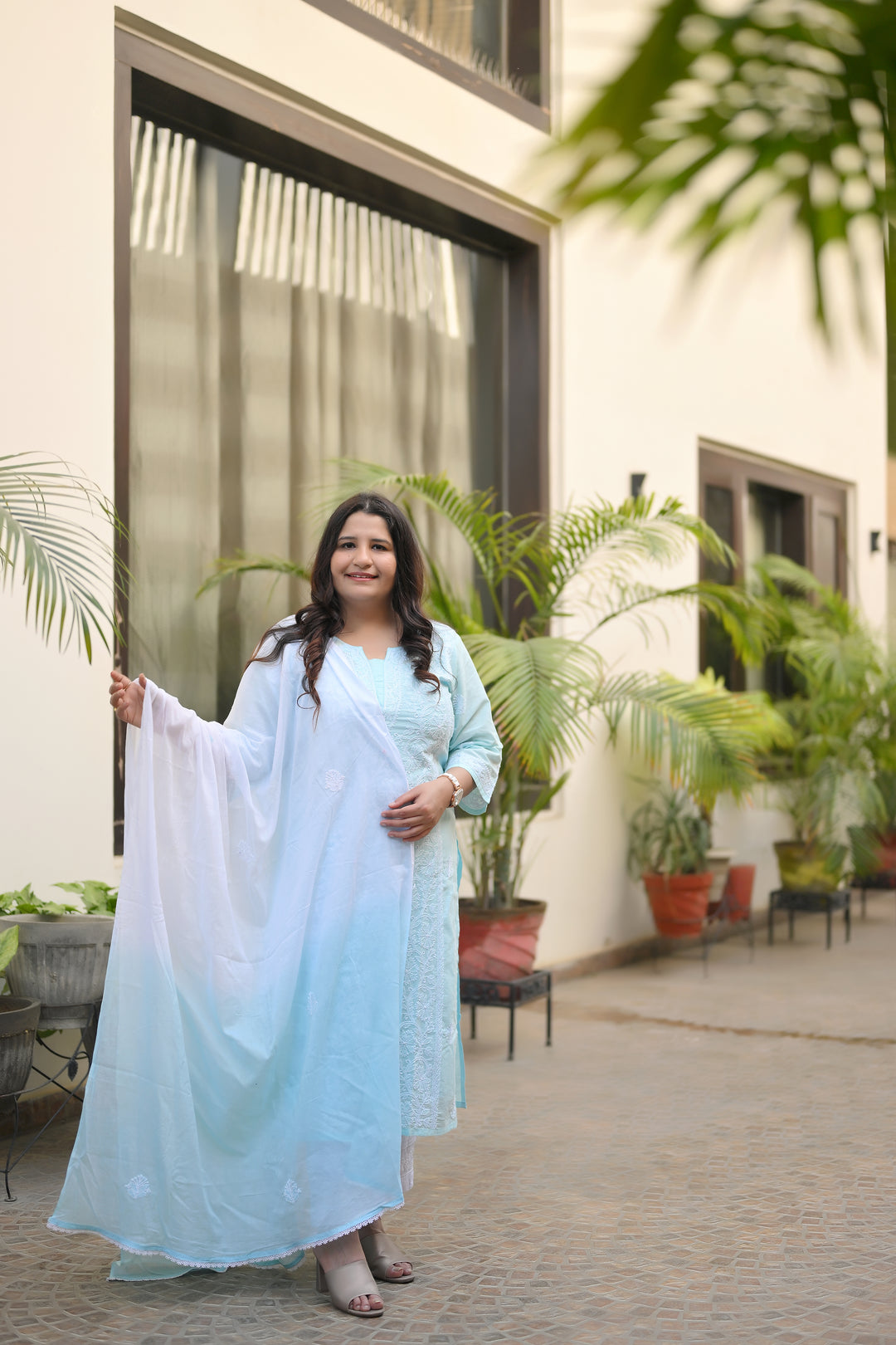 Sky Blue Ombre Mul Chikankari Dupatta -Custom Made