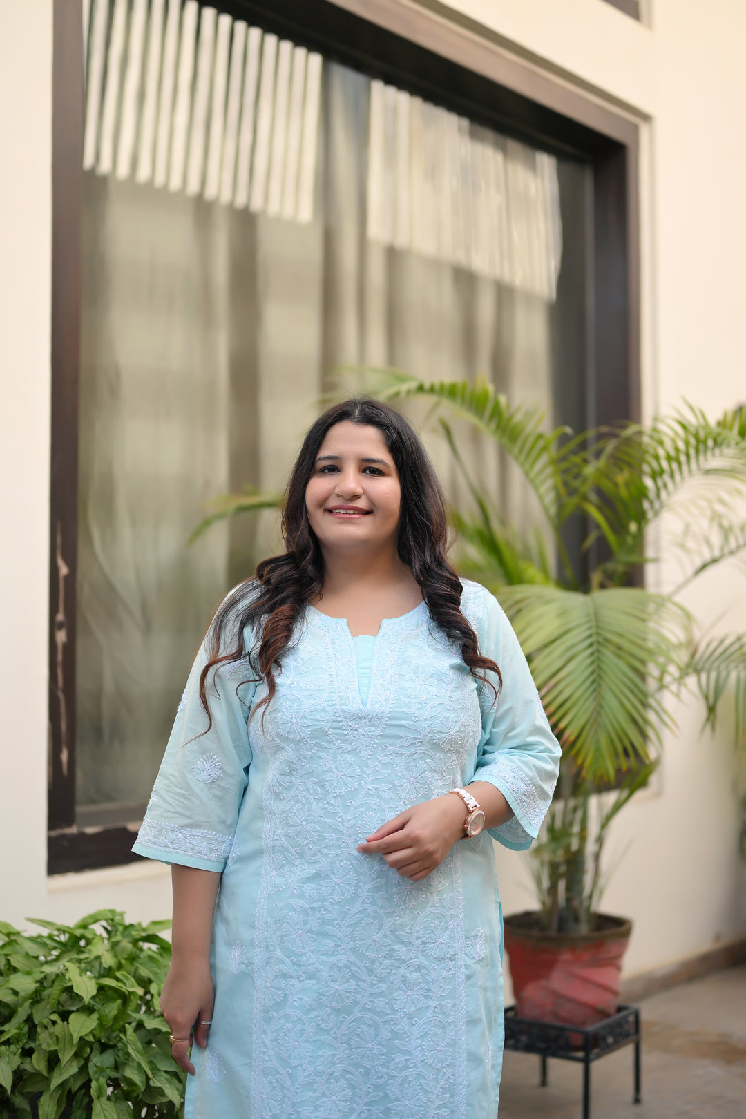Sky Blue Cotton Chikankari Kurta-Custom Made