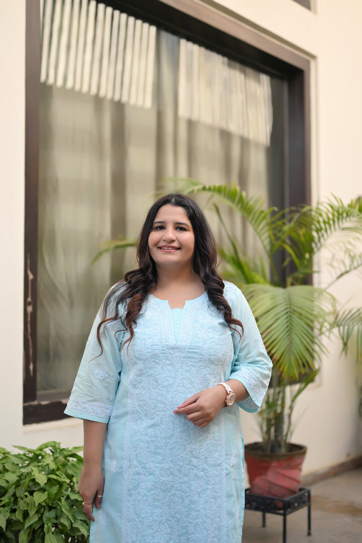 Sky Blue Cotton Chikankari Kurta-Custom Made