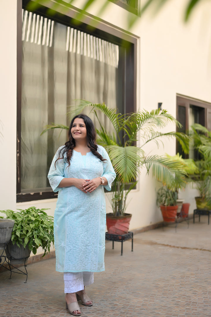 Sky Blue Cotton Chikankari Kurta-Custom Made