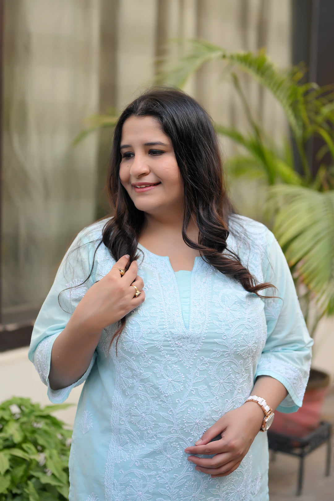 Sky Blue Cotton Chikankari Kurta-Custom Made