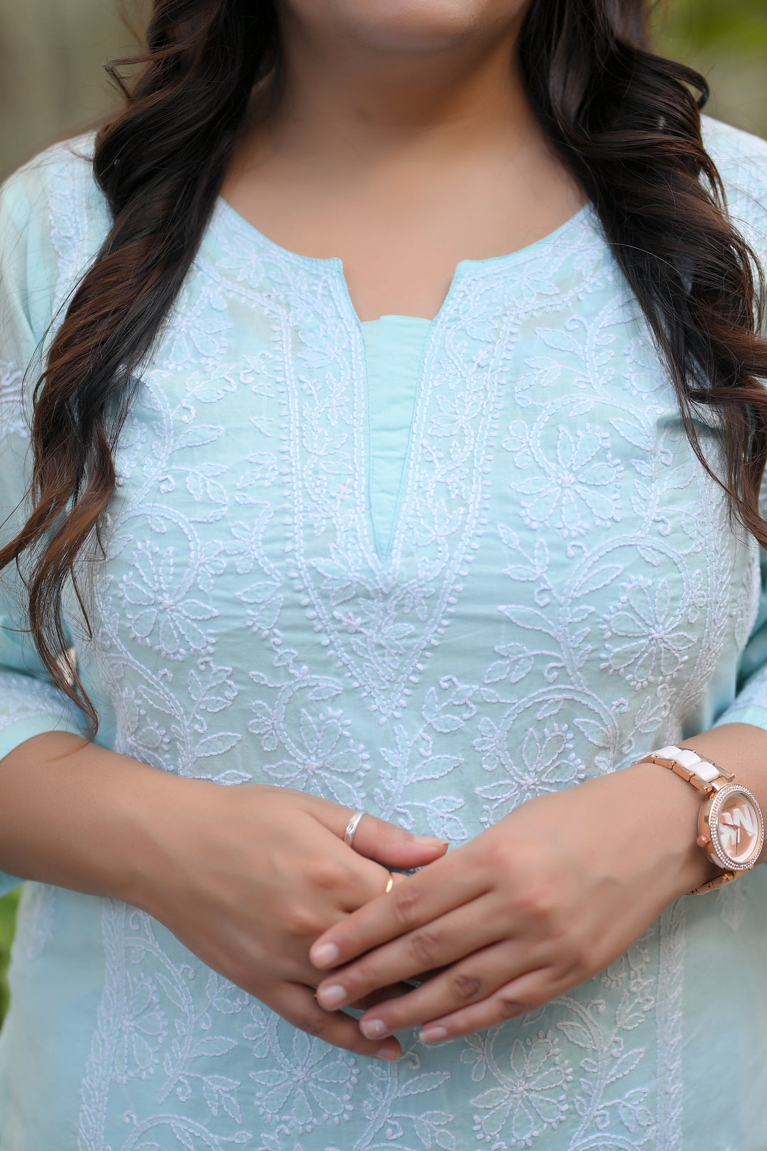 Sky Blue Cotton Chikankari Kurta-Custom Made