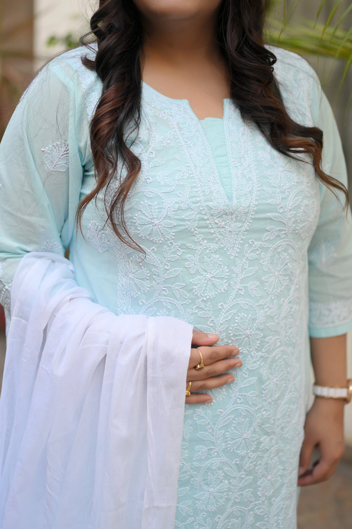 Sky Blue Ombre Mul Chikankari Dupatta -Custom Made