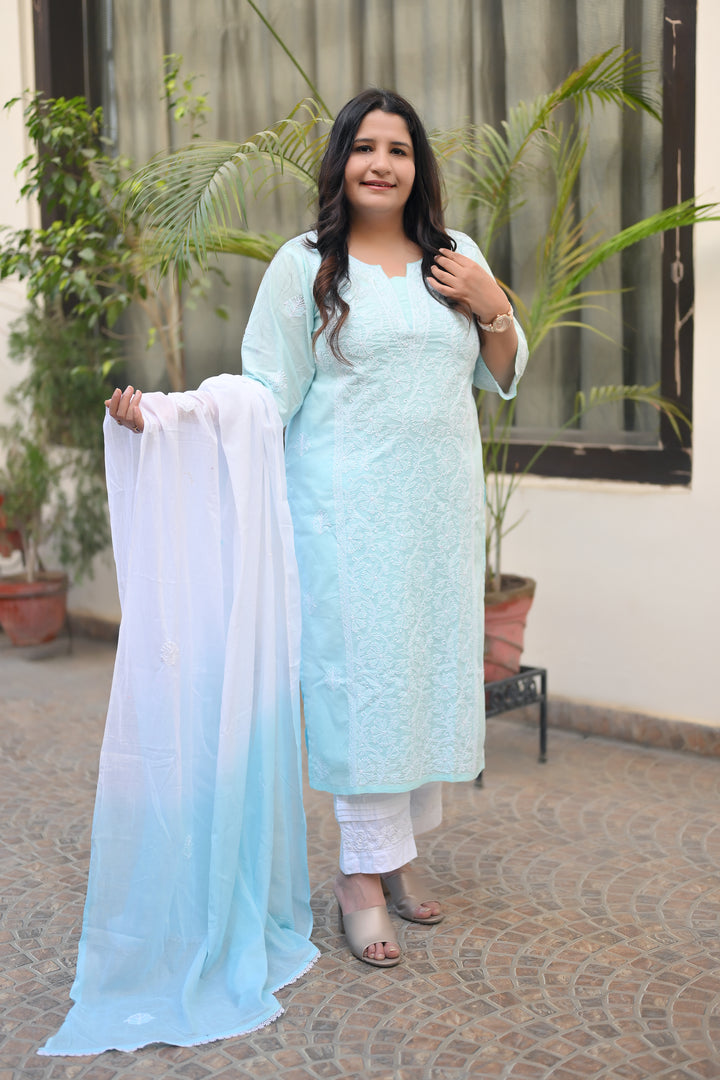 Sky Blue Ombre Mul Chikankari Dupatta -Custom Made