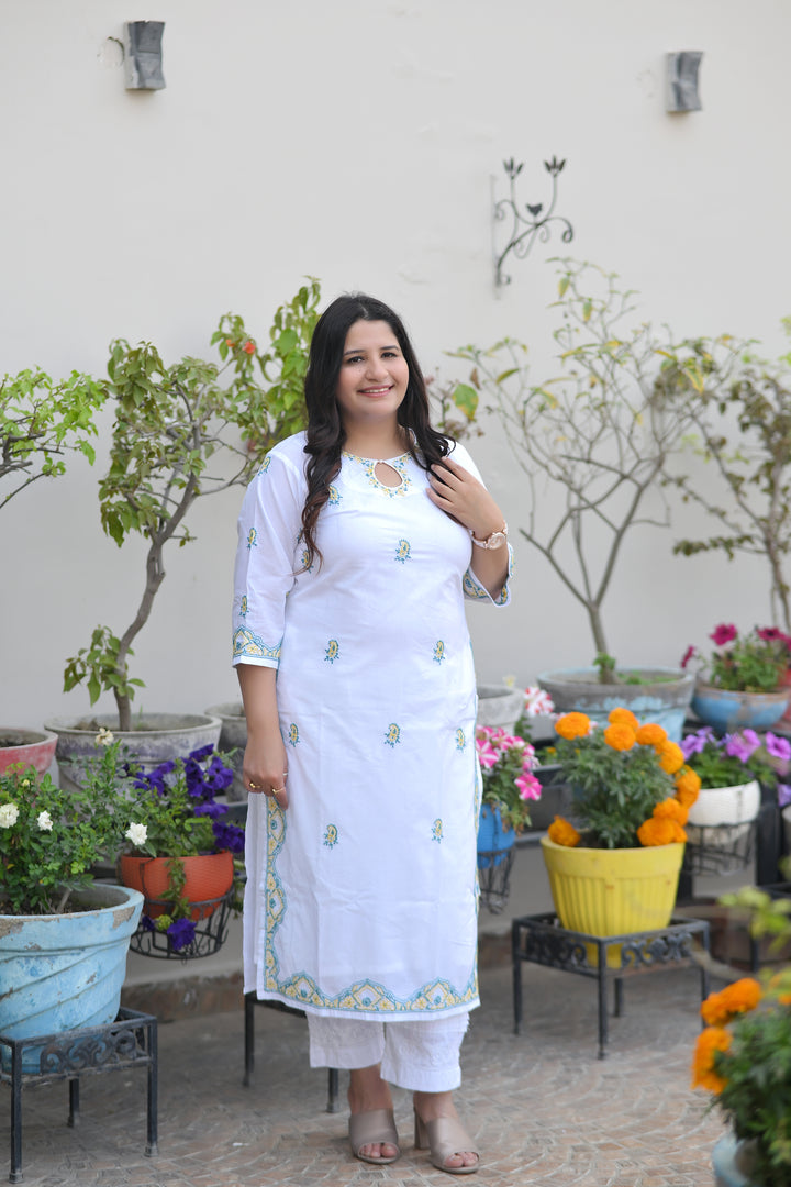 White Cotton Chikankari Kurta-Custom Made