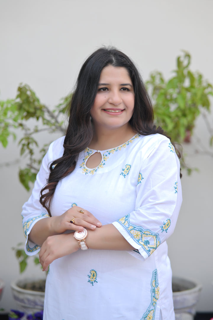 White Cotton Chikankari Kurta-Custom Made