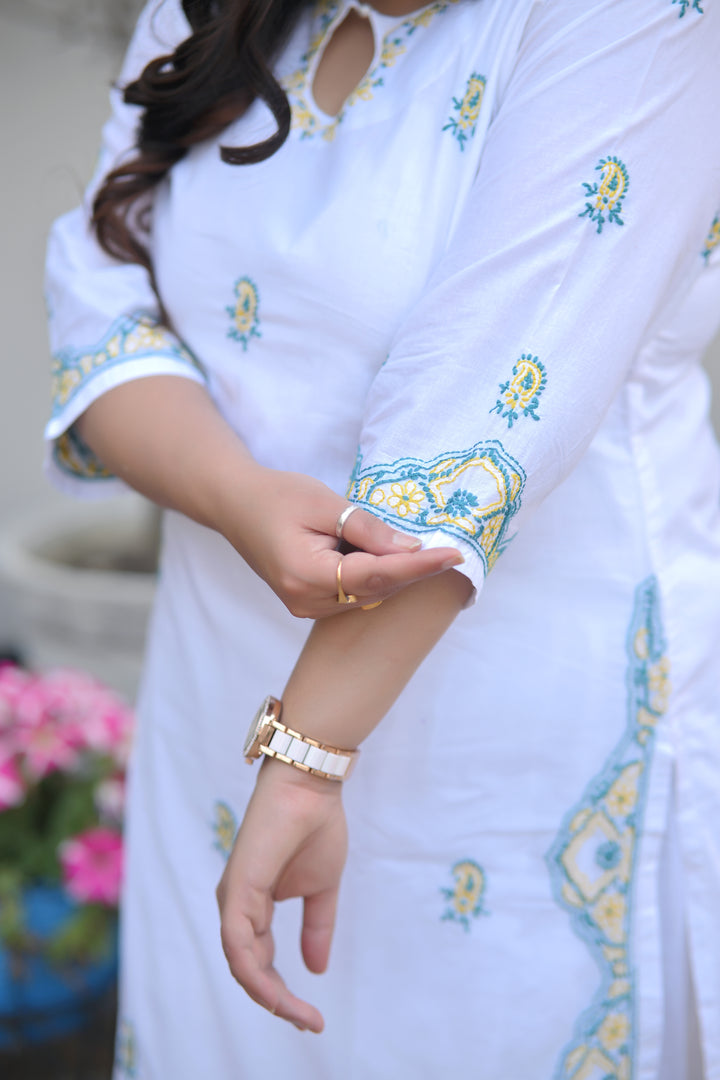 White Cotton Chikankari Kurta-Custom Made