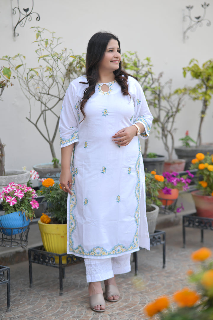 White Cotton Chikankari Kurta-Custom Made