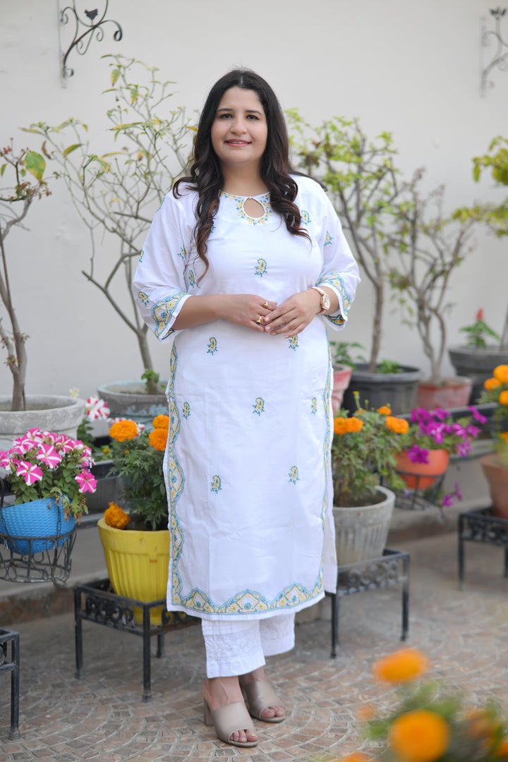 White Cotton Chikankari Kurta-Custom Made