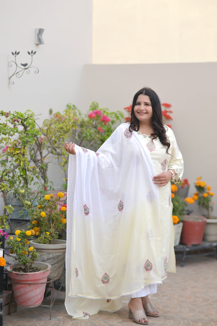 Light yellow Ombre Mul Chikankari Dupatta -Custom Made