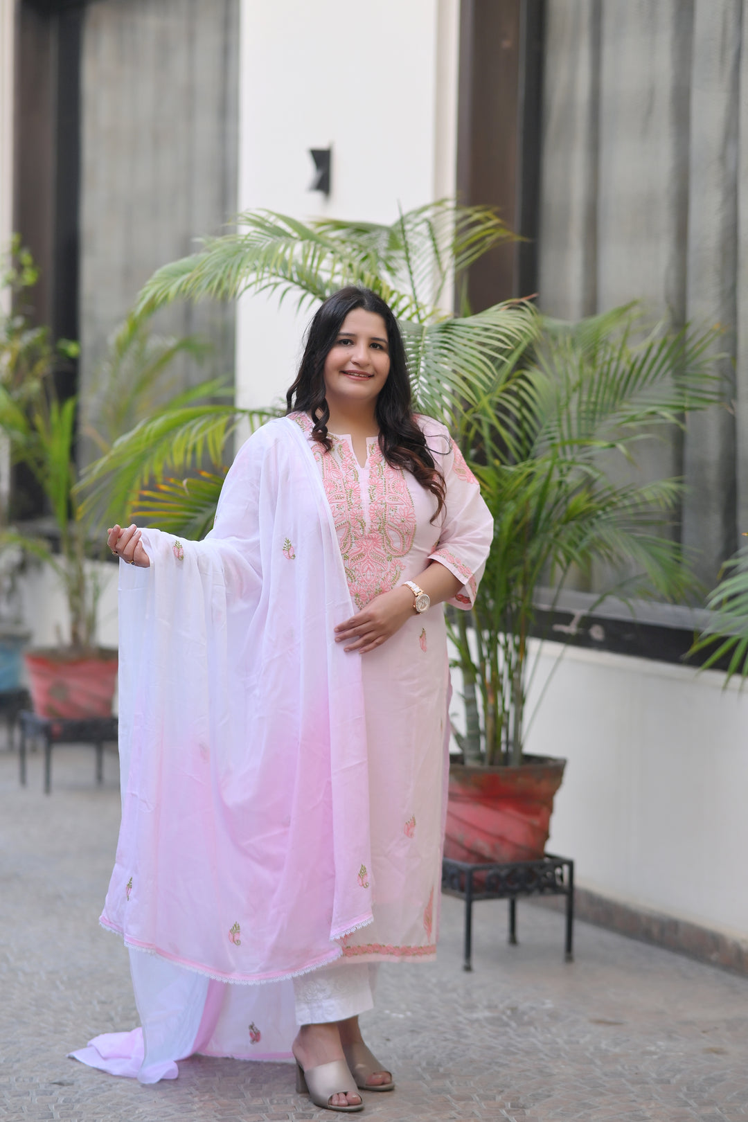 Baby Pink Cotton Chikankari Kurta-Custom Made