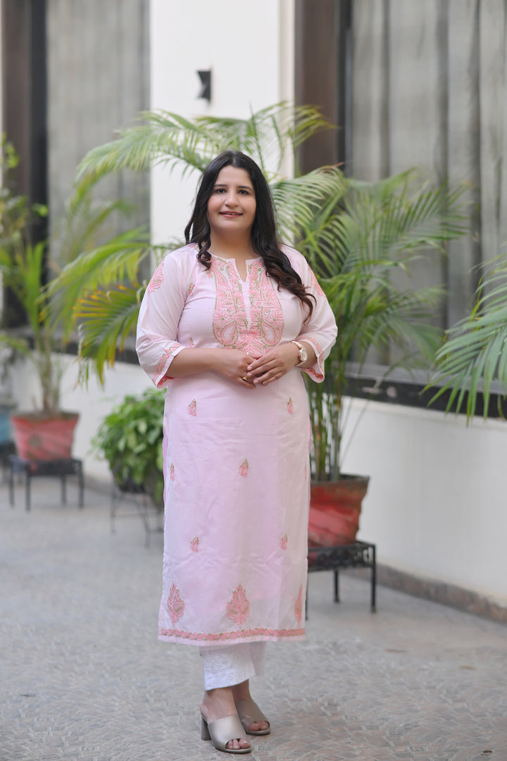 Baby Pink Cotton Chikankari Kurta-Custom Made