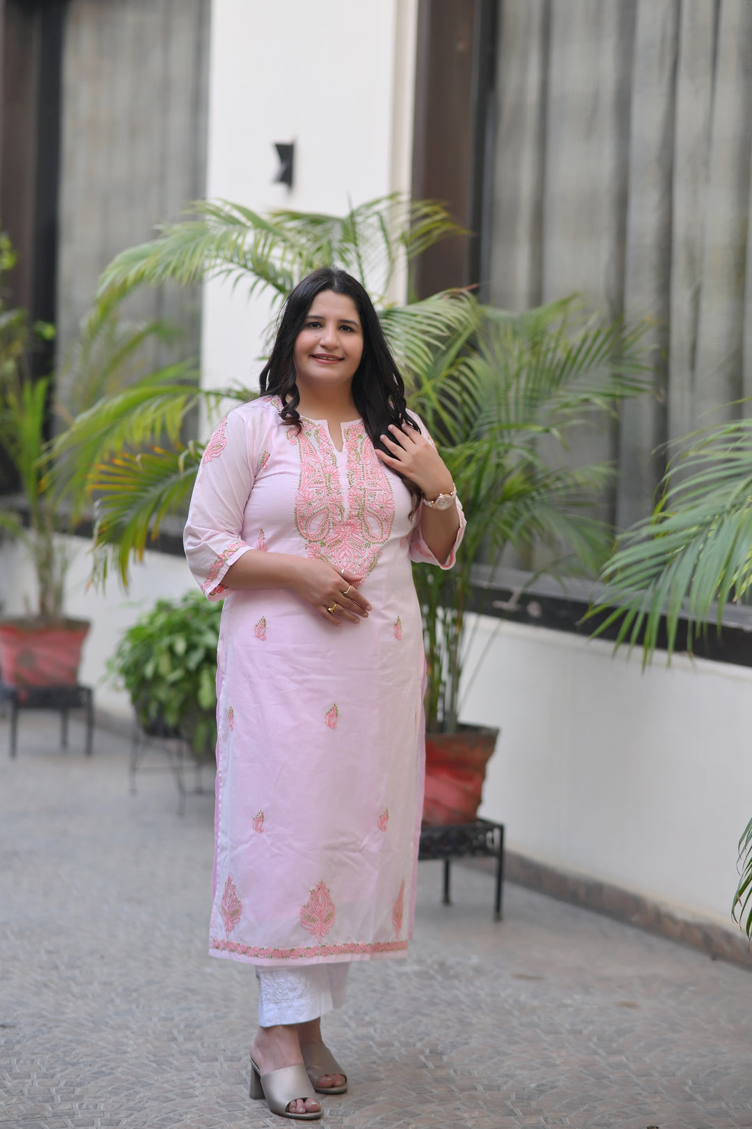 Baby Pink Cotton Chikankari Kurta-Custom Made