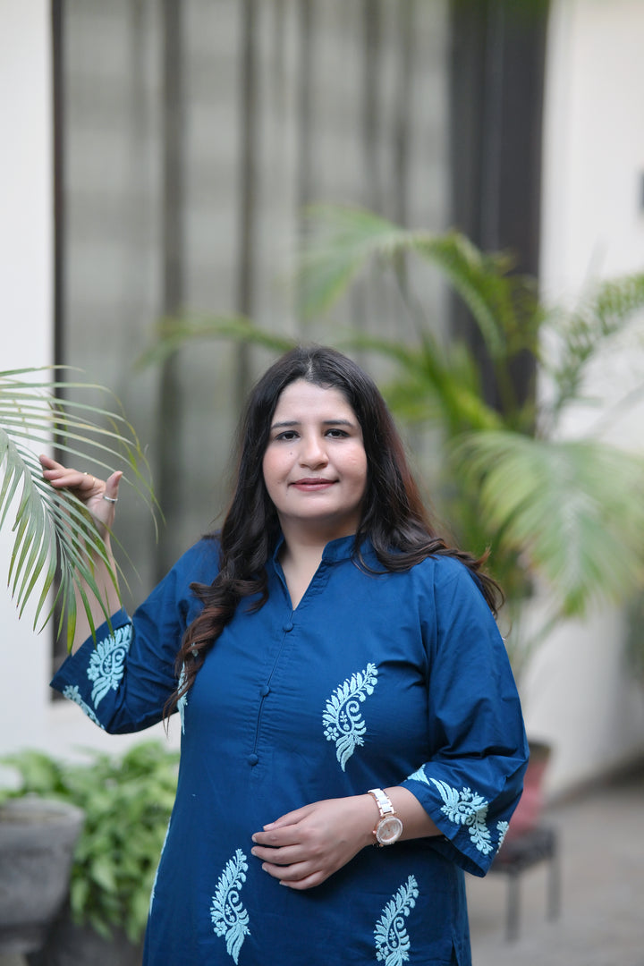 Peacock Blue Cotton Kurta Pant Set - Custom Made