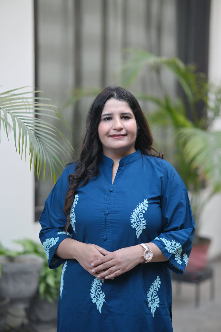 Peacock Blue Cotton Kurta Pant Set - Custom Made