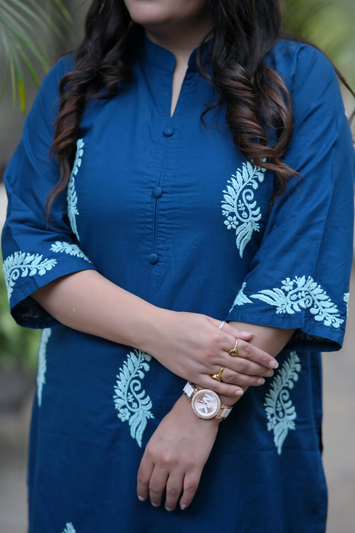 Peacock Blue Cotton Kurta Pant Set - Custom Made