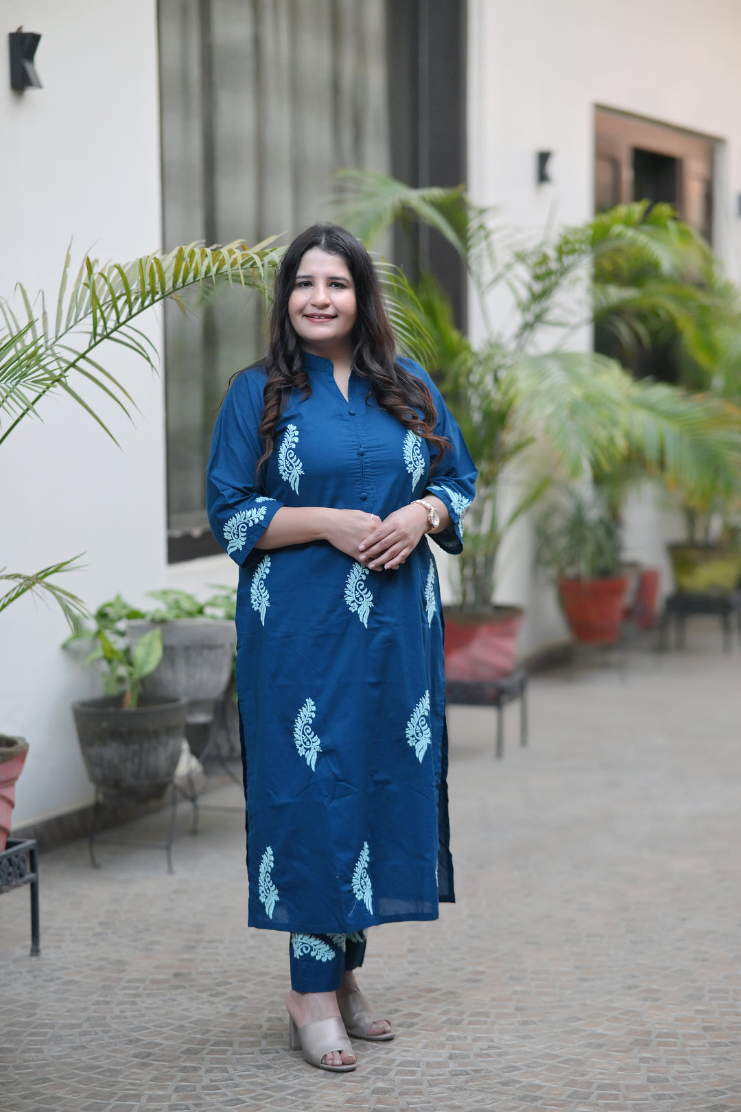 Peacock Blue Cotton Kurta Pant Set - Custom Made