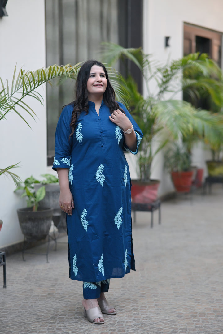 Peacock Blue Cotton Kurta Pant Set - Custom Made