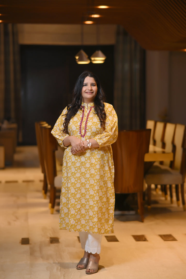 Mustard Modal Cotton Printed Chikankari Kurta-Custom