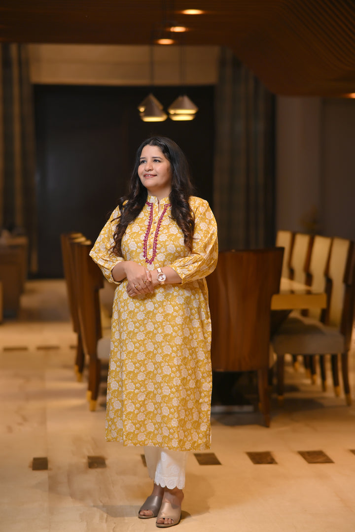 Mustard Modal Cotton Printed Chikankari Kurta-Custom