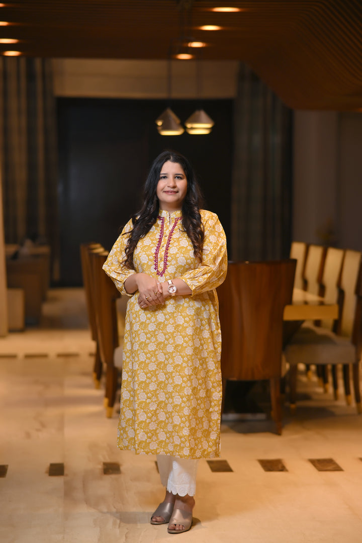 Mustard Modal Cotton Printed Chikankari Kurta-Custom