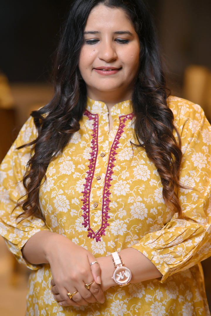 Mustard Modal Cotton Printed Chikankari Kurta-Custom