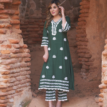 Mehndi Green Rayon Chikankari Kurta Pant Set