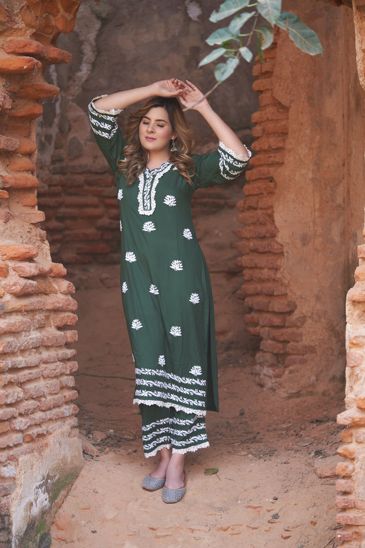 Mehndi Green Rayon Chikankari Kurta Pant Set