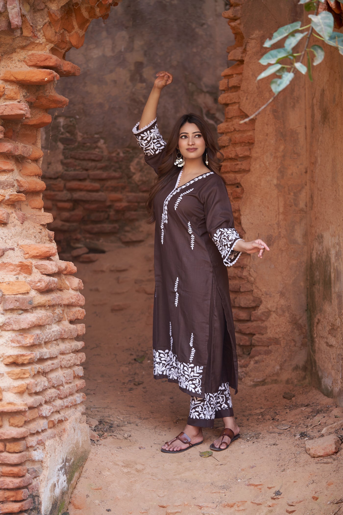 Dark Brown Chikankari Co-Ord Set -Custom Made