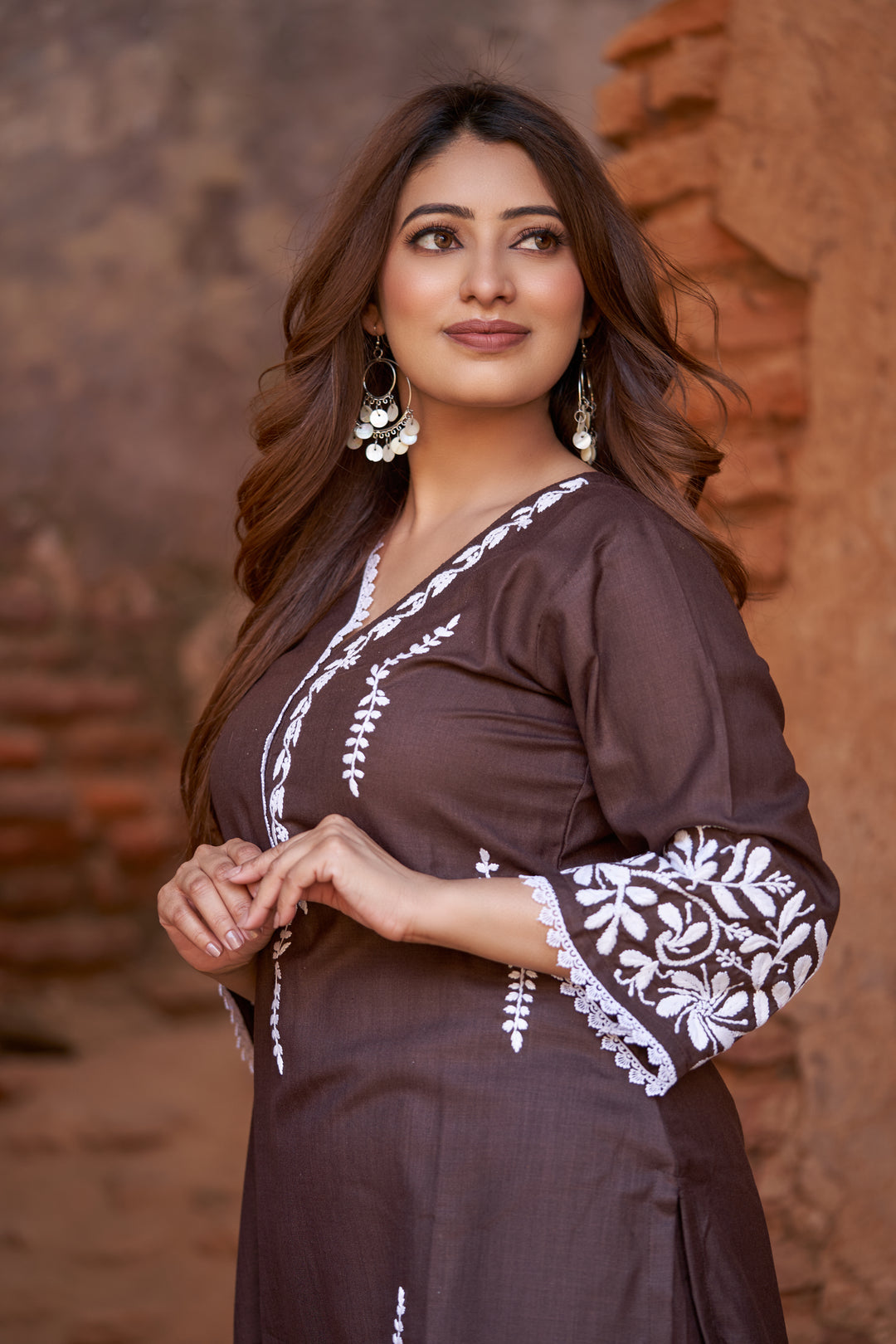 Dark Brown Chikankari Co-Ord Set -Custom Made
