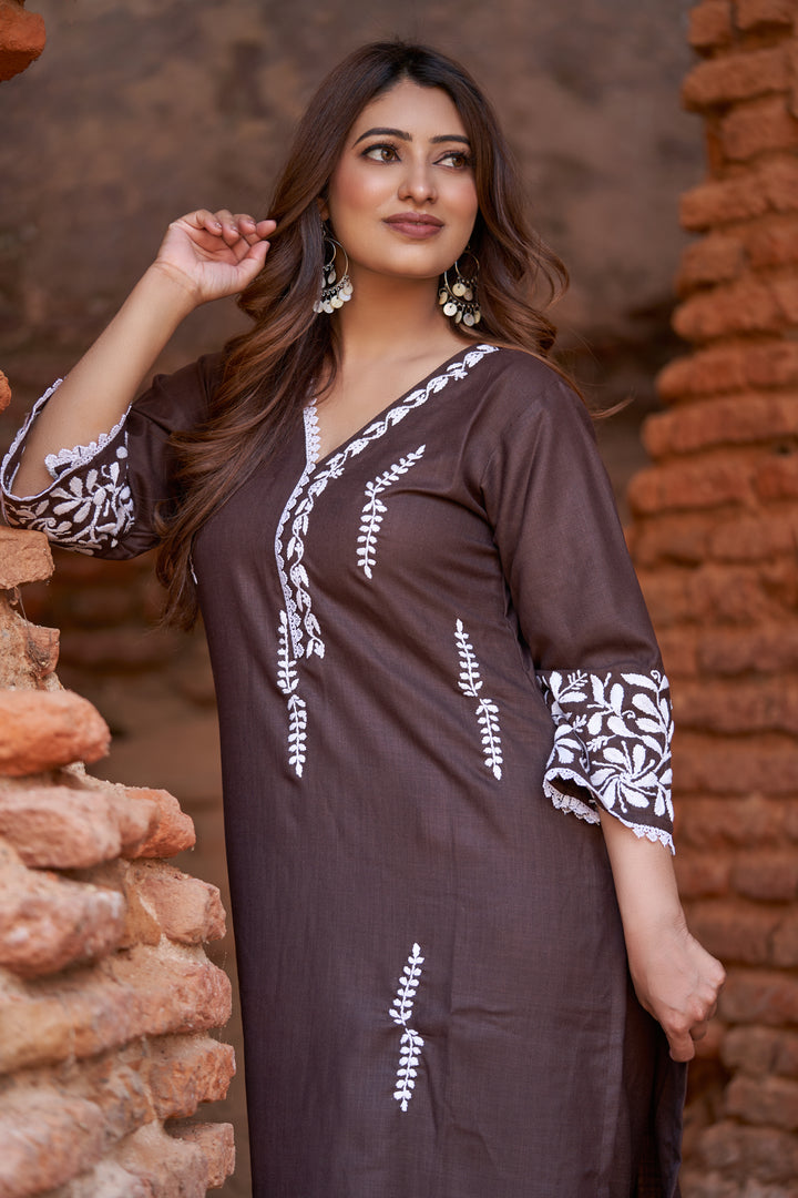 Dark Brown Chikankari Co-Ord Set -Custom Made