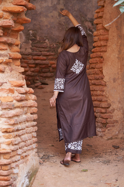 Dark Brown Chikankari Co-Ord Set -Custom Made