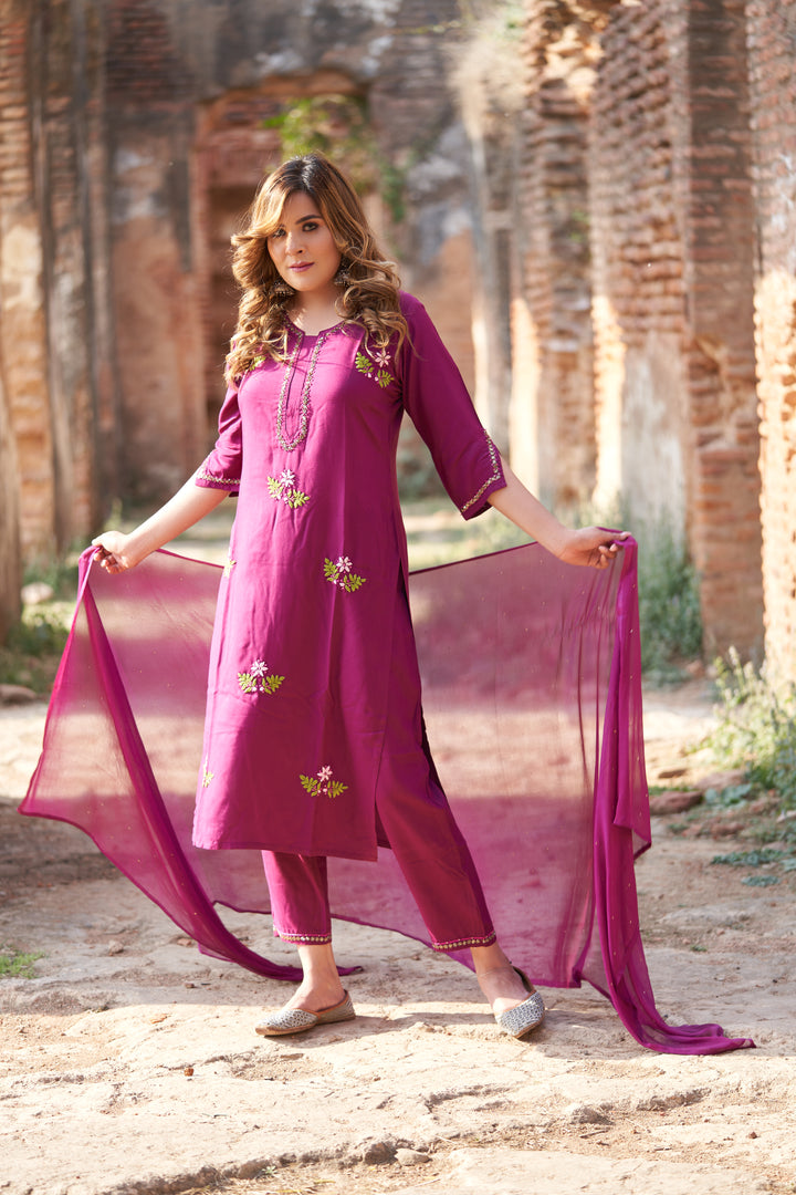 Wine Rayon Chikankari Kurta Pant Set