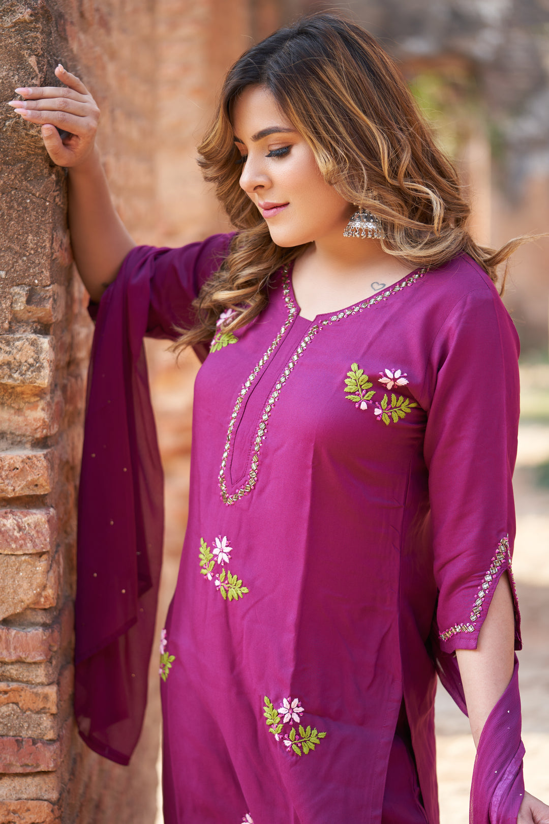 Wine Rayon Chikankari Kurta Pant Set