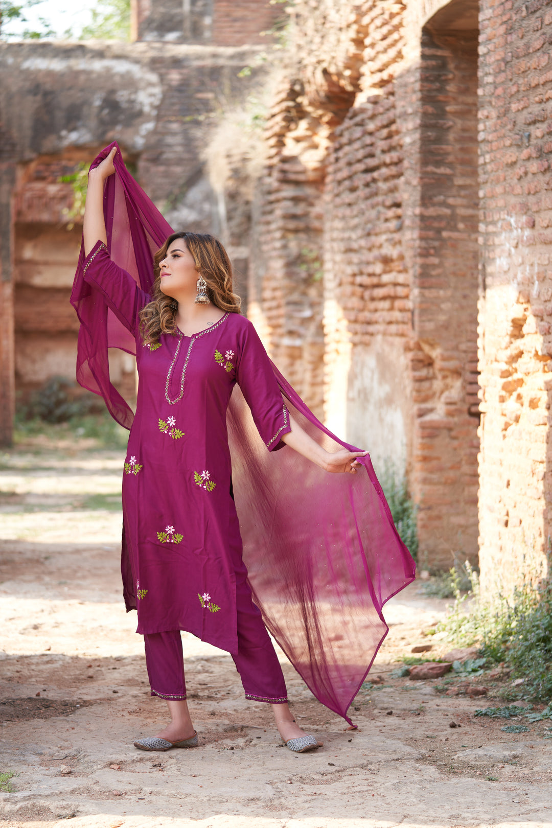 Wine Rayon Chikankari Kurta Pant Set