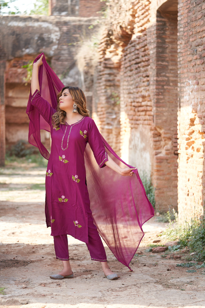 Wine Rayon Chikankari Kurta Pant Set