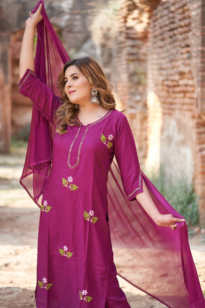 Wine Rayon Chikankari Kurta Pant Set