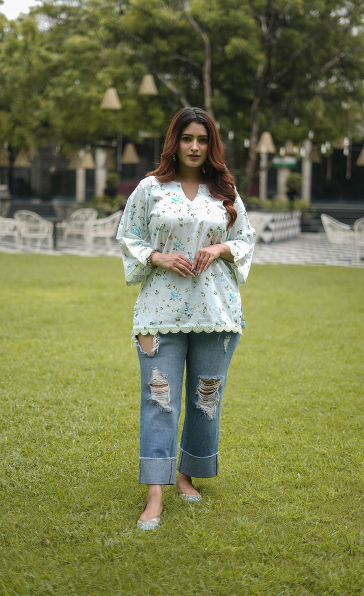 Light Pista Green Printed Modal Cotton Short Kurta