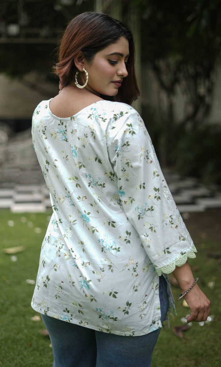 Light Pista Green Printed Modal Cotton Short Kurta