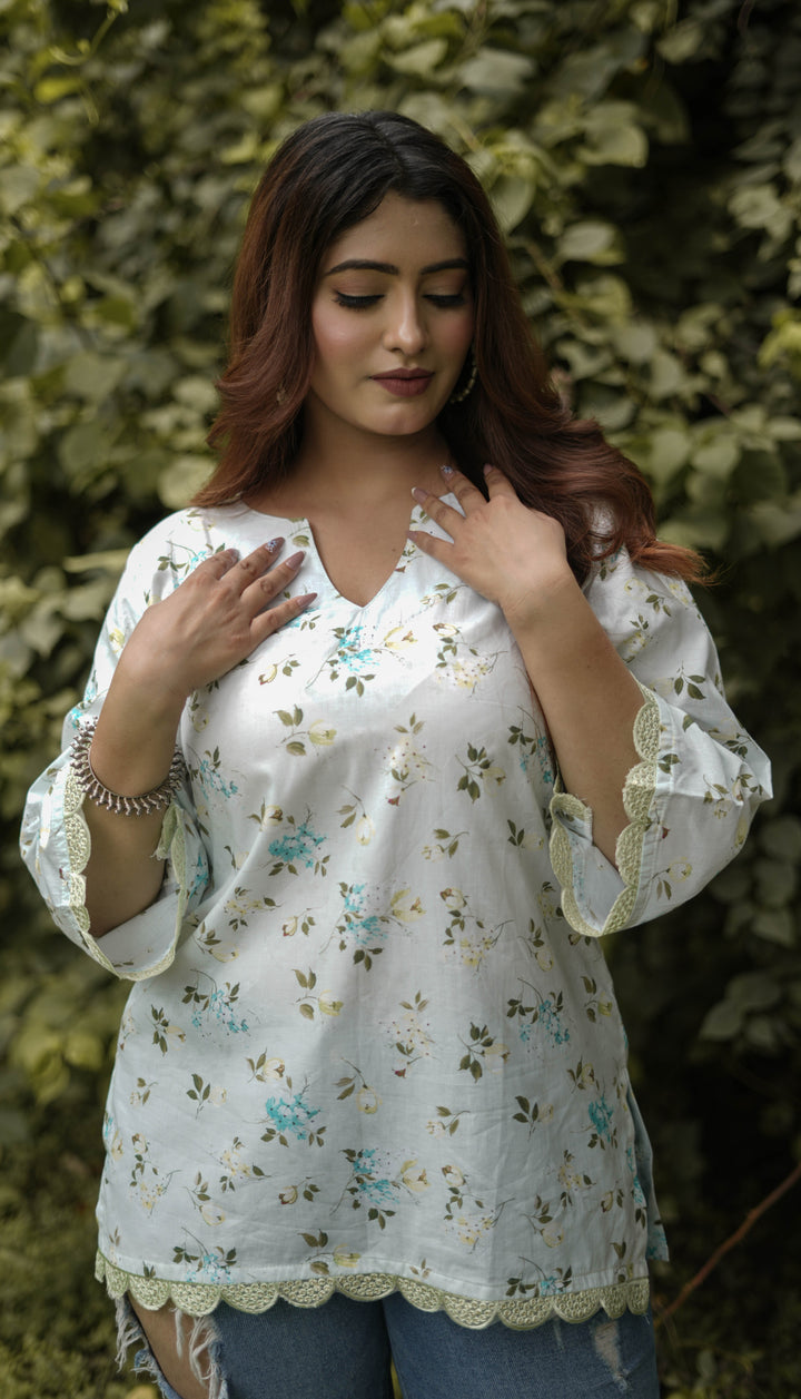 Light Pista Green Printed Modal Cotton Short Kurta