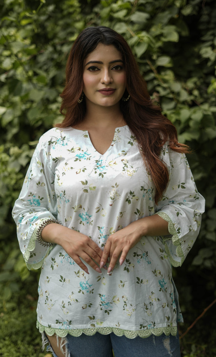 Light Pista Green Printed Modal Cotton Short Kurta