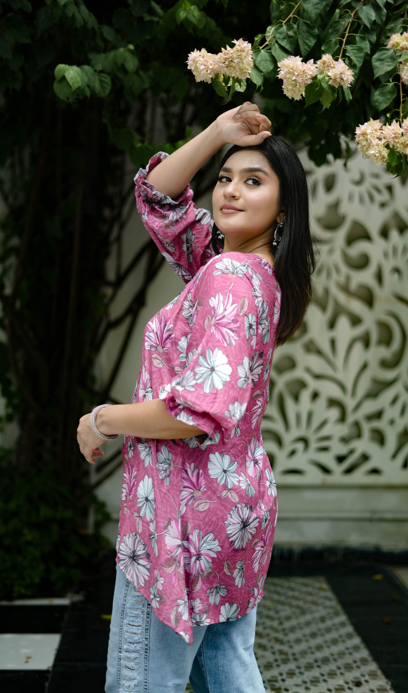 Pink Printed Modal Cotton Short Kurta -Custom Made