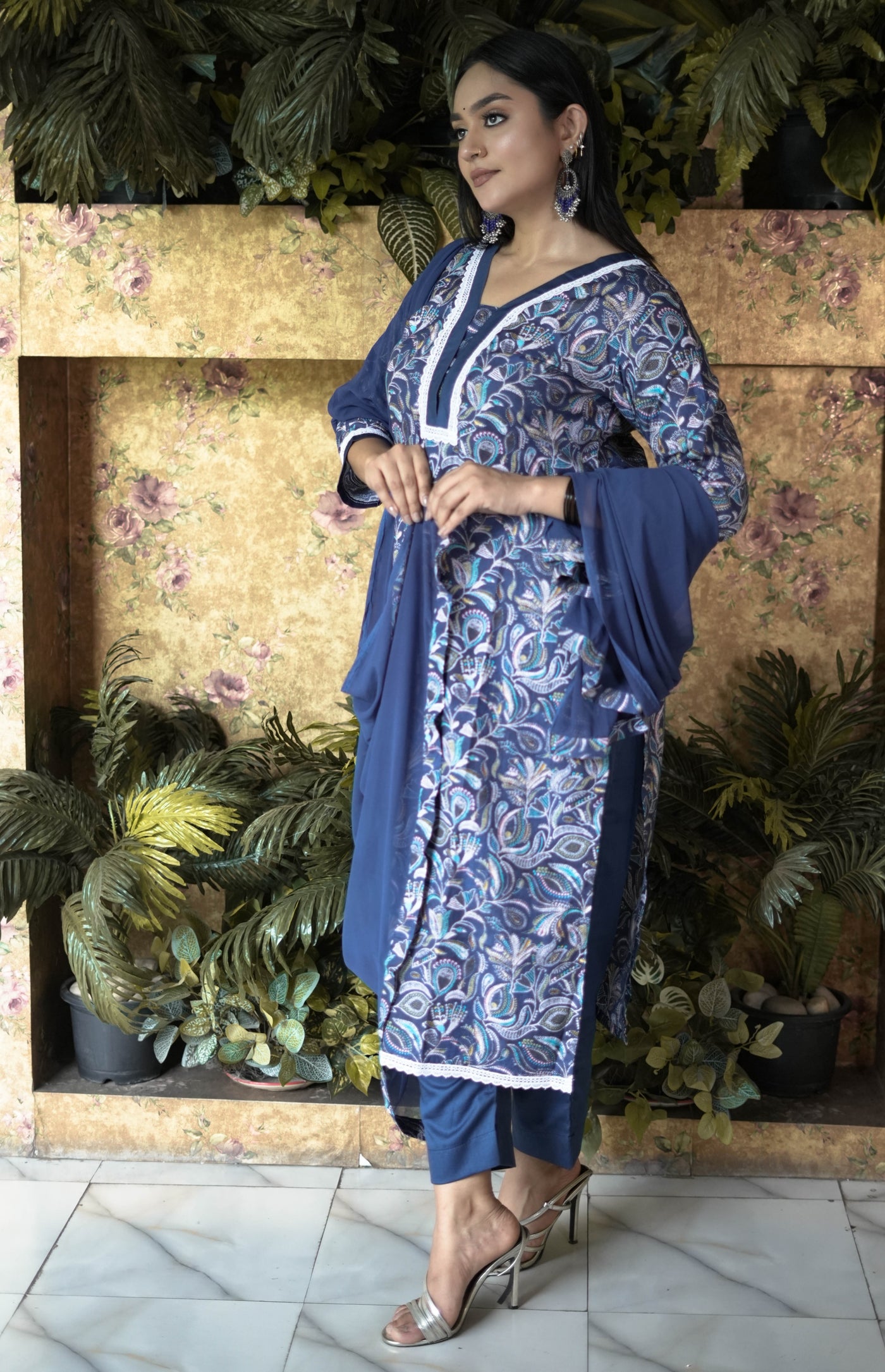 Blue Printed Modal Cotton Kurta With Pant Set-Custom Made