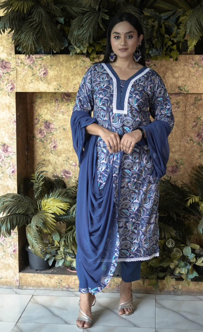 Blue Printed Modal Cotton Kurta With Pant Set-Custom Made