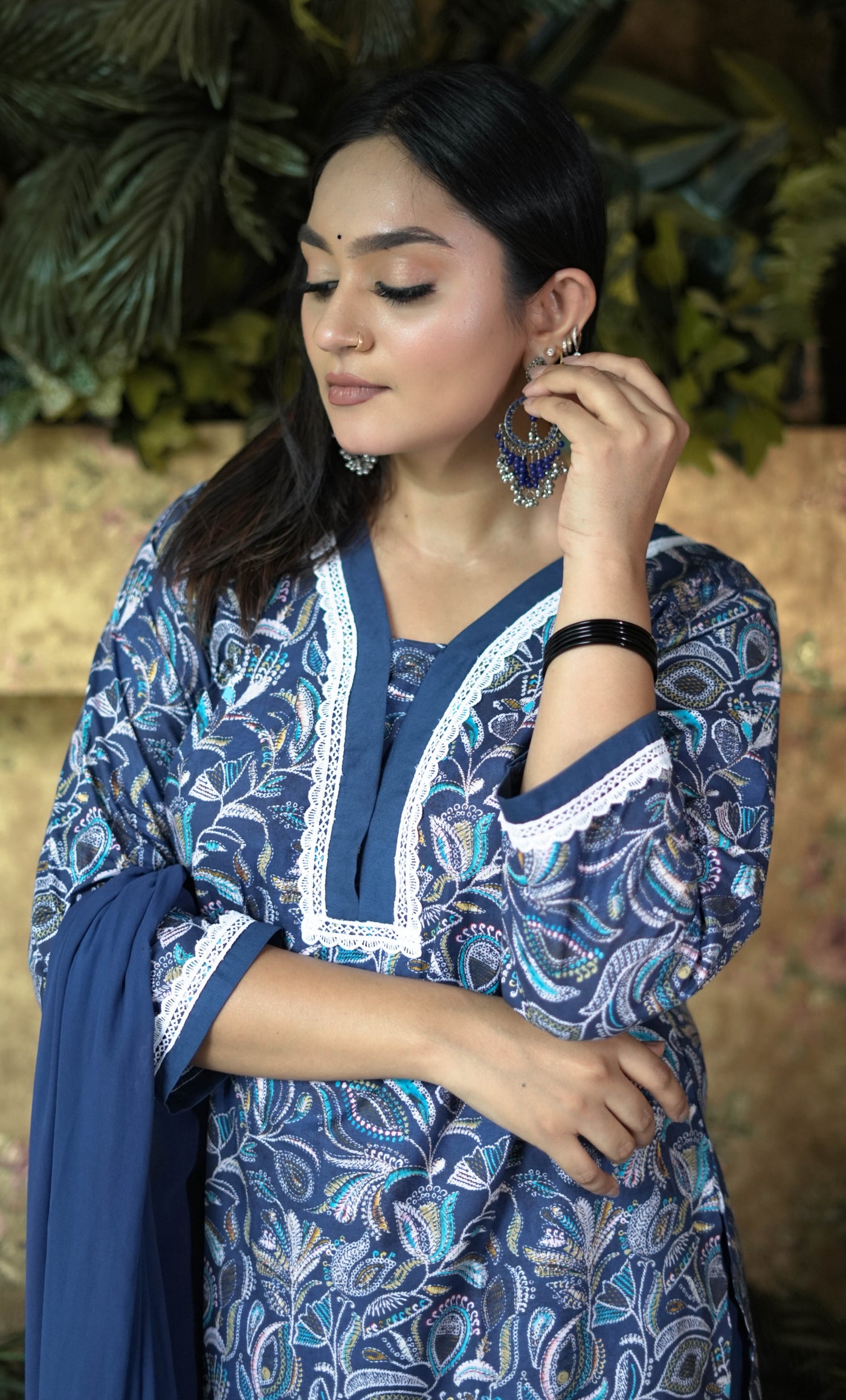 Blue Printed Modal Cotton Kurta With Pant Set-Custom Made