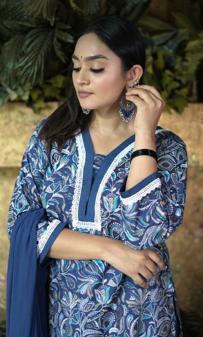 Blue Printed Modal Cotton Kurta With Pant Set-Custom Made