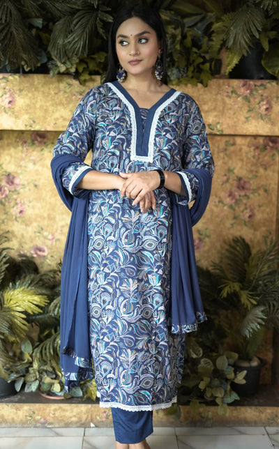 Blue Printed Modal Cotton Kurta With Pant Set-Custom Made